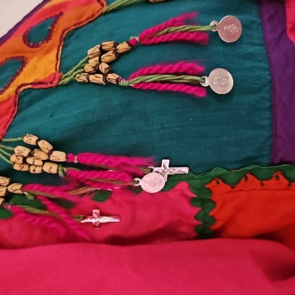 VTG OPUS 1 1970s Mexican Pink Patchwork Horn Beaded Fringe Boho Festival Dress - Picture 6 of 16